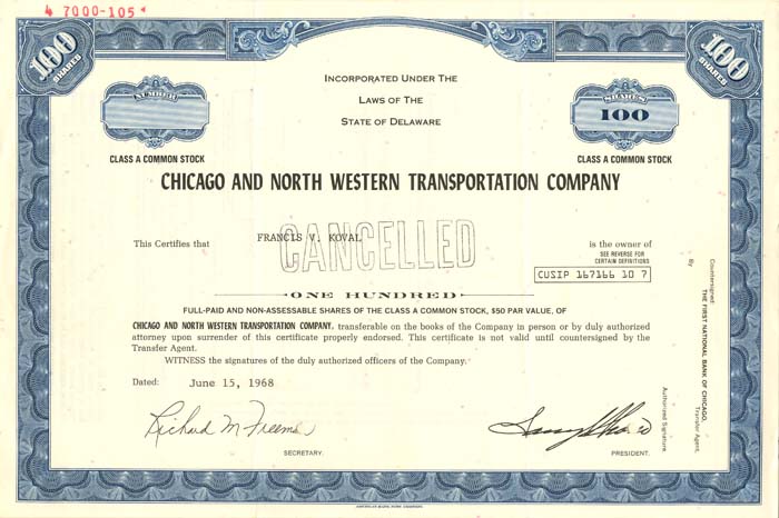 Chicago and North Western Transportation Co. - Railroad Stock Certificate